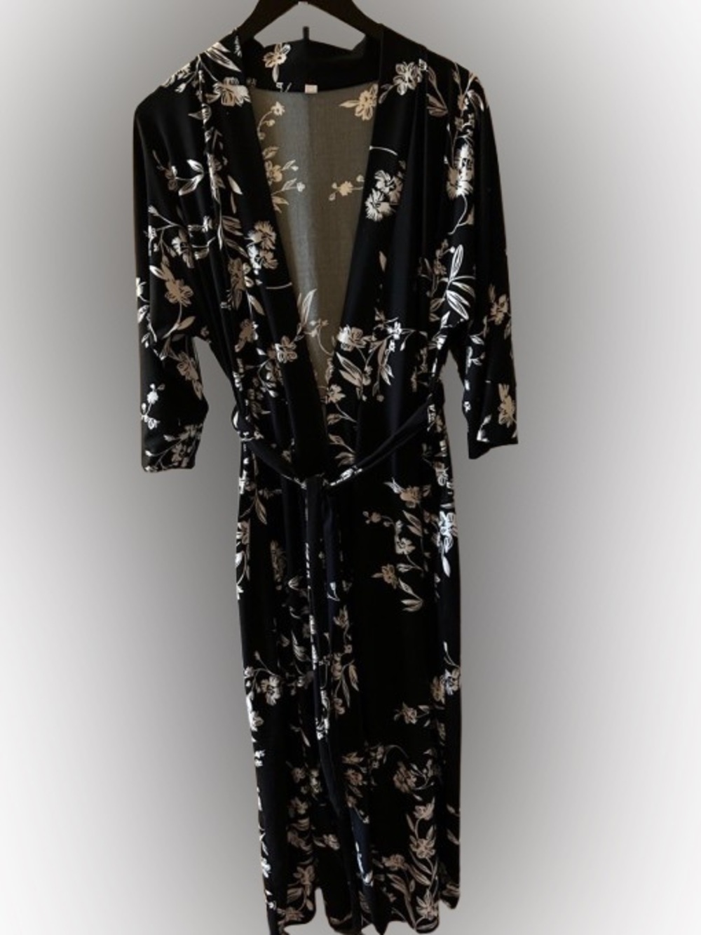 Miss Nina Size L Women's Black and White Floral Wrap Robe - Long Kimono Style